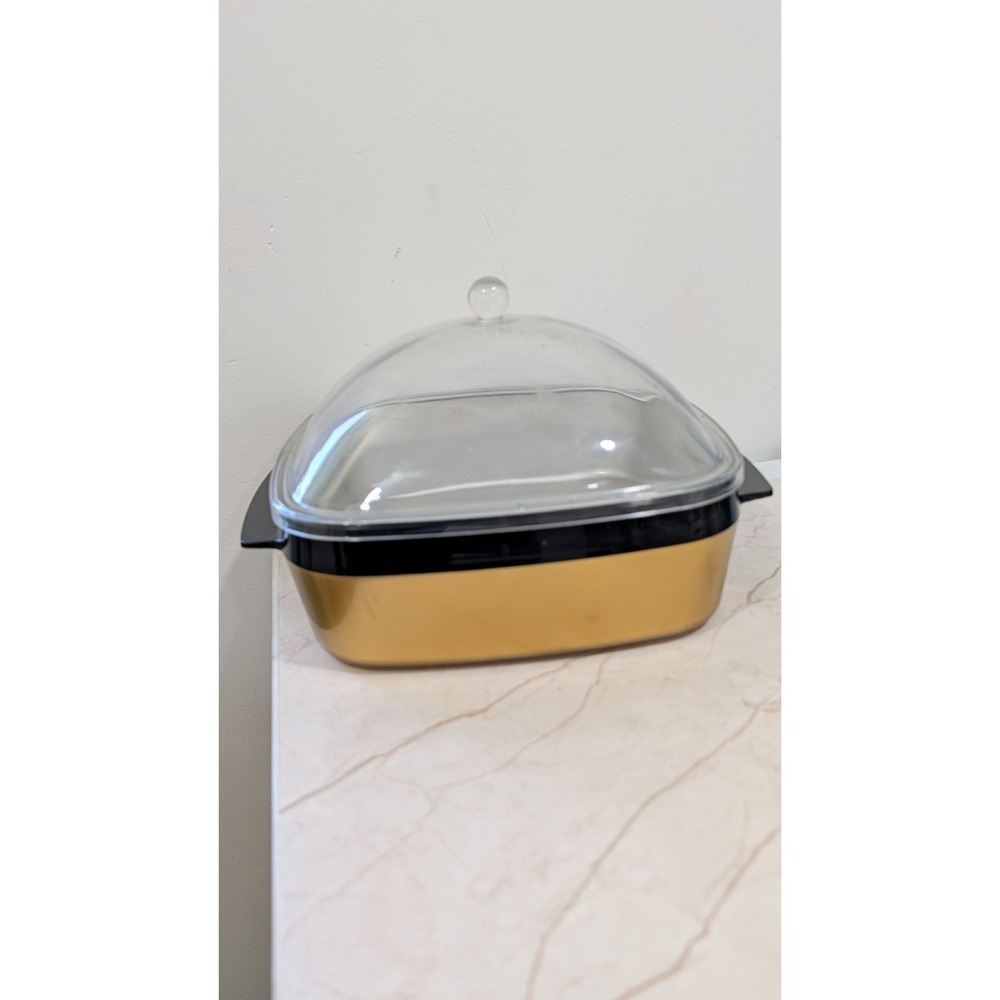 Vintage Gold + Black Square Serving Dish with Clear Dome Lid 9 Inch thermoserve - Picture 2 of 9